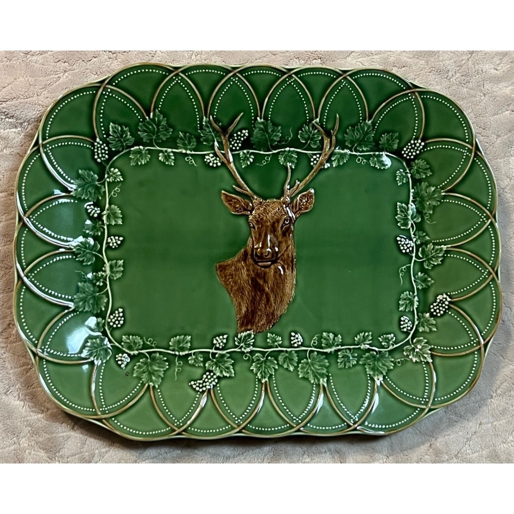 Bordallo Pinheiro Woods Deer Platter Tray Green Buck Portugal 18.75" Bosque Hunt